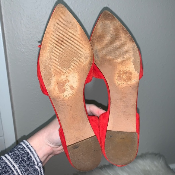 PUBLIC STORAGE TOOK J. CREW bright Red leather pointed Flats Sz 8 fringe suede - Picture 12 of 16